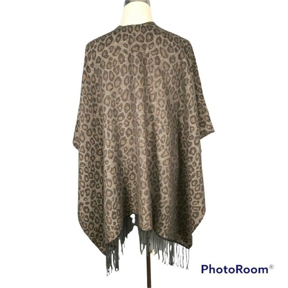 Woolrich Leopard Print Fringe Poncho Wrap One Size Polyester & Viscose Brown/Gra - Picture 2 of 8